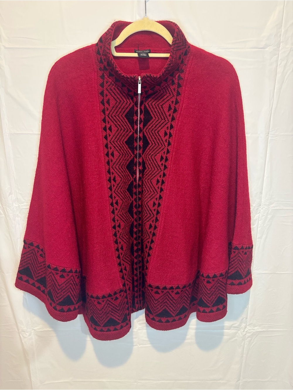 Katie Todd 100% Wool Full-Zip Poncho Cape Coat Aztec Trim Red Black S/M
